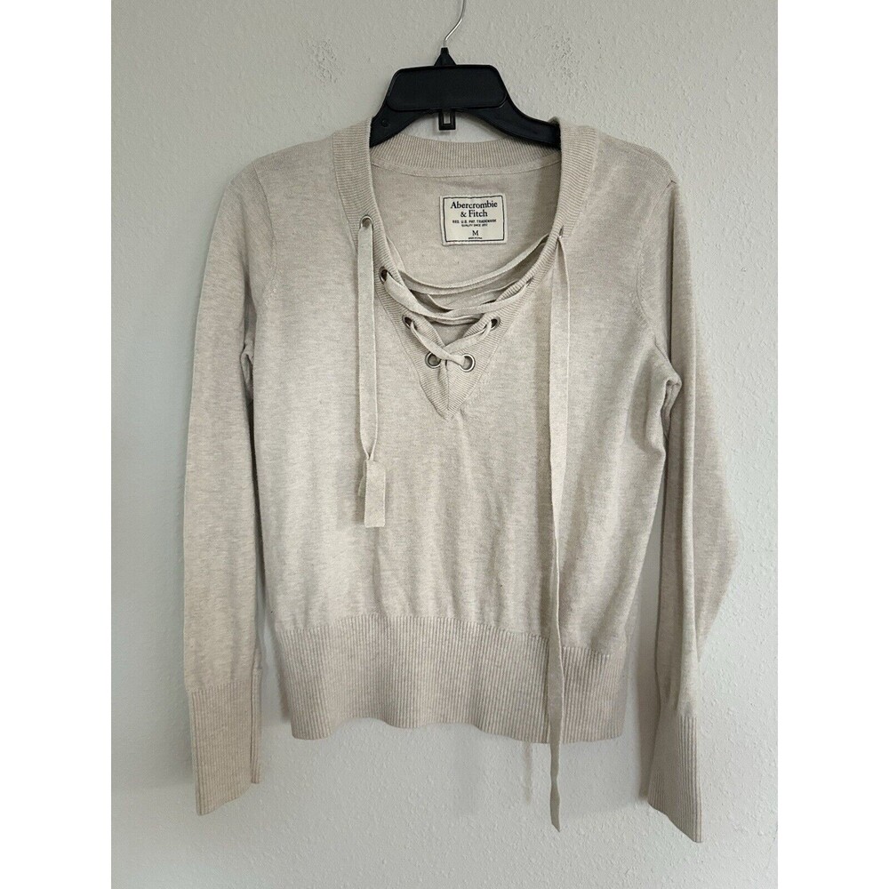 Abercrombie Lace Up Pullover Sweater Cream Casual Classic Top Size M Cozy Lounge